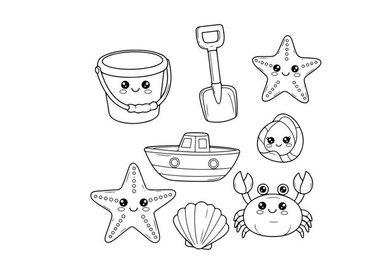 Cute sea animals and beach tools flat design vector illustration