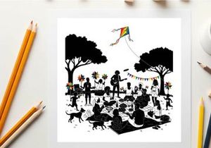 Silhouette of people and dogs at a park with a kite