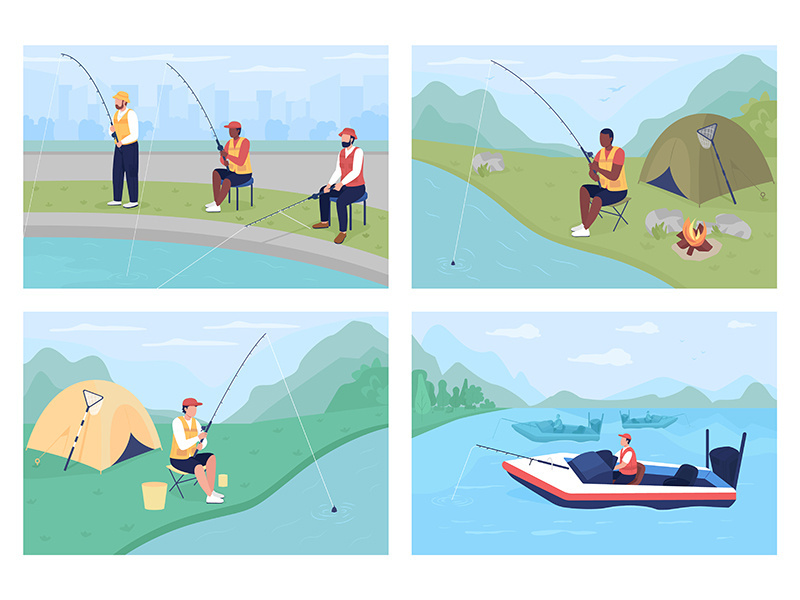 Sport fishing flat color vector illustrations set