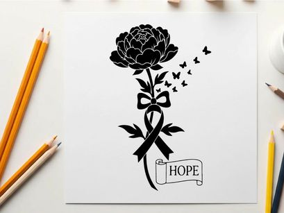 Silhouette of a flower with ribbon and butterflies symbolizing hope