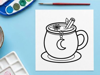 Halloween coffee cup with stir stick and candy. Spooky hot beverage mug featuring festive stirrer and seasonal design for autumn celebrations.