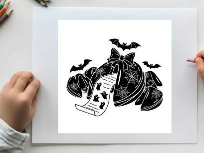 Halloween silhouette of witch hat with bats and scroll