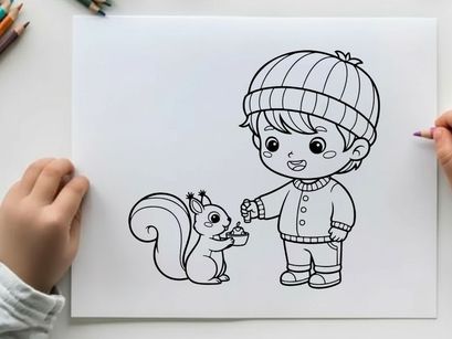 Boy feeding squirrel flat design vector illustration