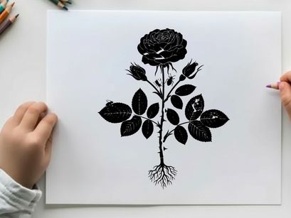 Silhouette of a single rose flower and stem
