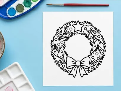 Ilustração de arte vetorial de grinalda de Natal com estrela e laço para página de colorir de feriado