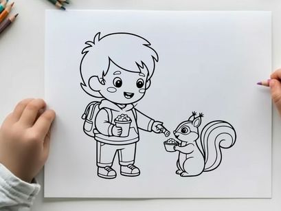 Boy feeding squirrel flat design vector illustration