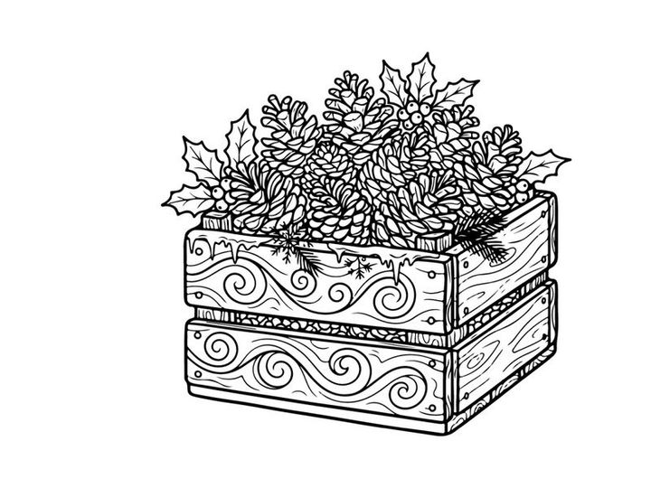 Hand-drawn Christmas gift box with ornate floral design and decorative swirls for festive holiday decor