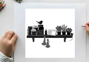Silhouette of bird and plants on a shelf with jars and hanging flowers