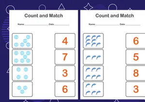 10 Pages Count and match with the correct number. Matching education game. Count how many items and choose the correct number