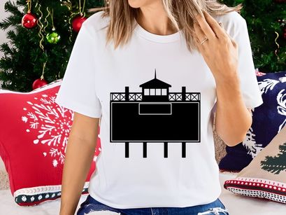 Billboard with a watchtower silhouette on top against a white background