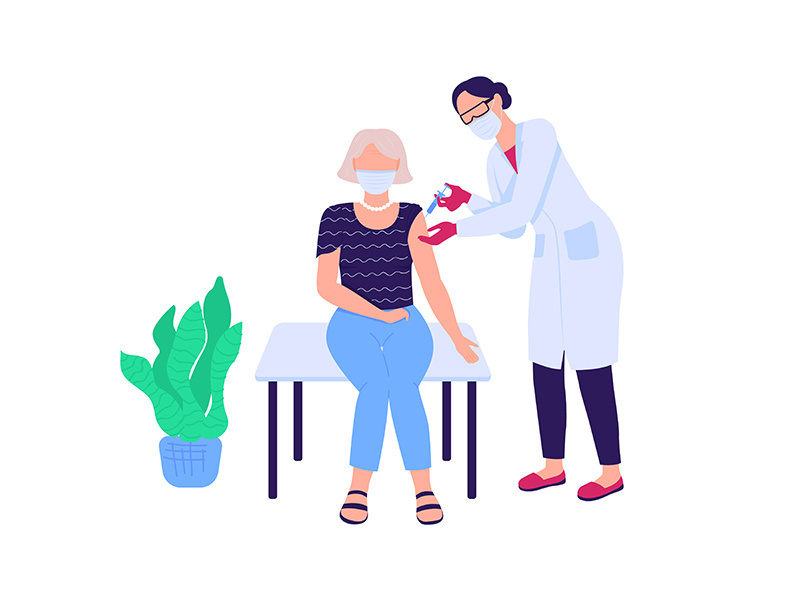 Doctor vaccinating woman flat color vector faceless characters