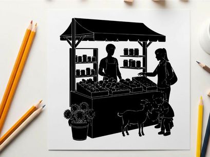 Silhouette of a market stall with vendor and customer