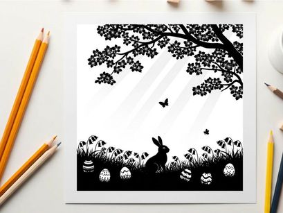 Easter bunny silhouette under tree with eggs and butterflies