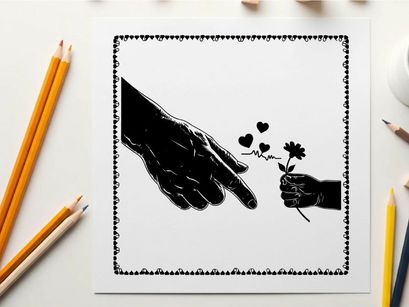 Silhouette of hands exchanging a flower with hearts