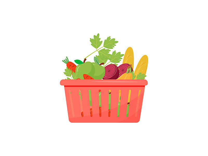 Products in shopping basket cartoon vector illustration