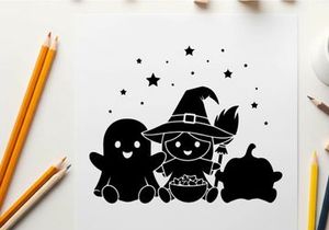 Halloween silhouette of cat ghost and jack o lantern under starry night