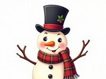 Illustration of a smiling snowman with a top hat and plaid scarf. preview picture