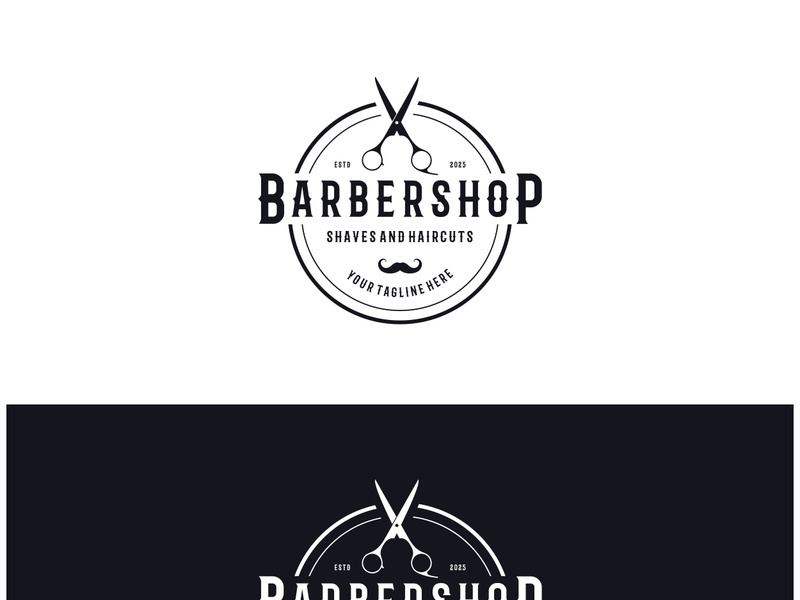 Barbershop logo vintage, retro, haircut, shaving, with scissors, shaving pole, comb, razor. for business, emblems, labels, barber shops, badges.