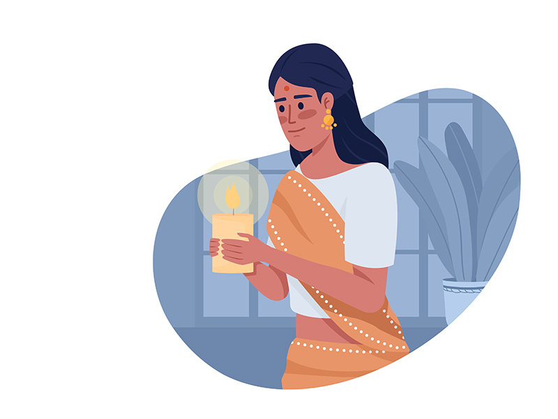 Woman with candle celebrating Diwali 2D vector isolated illustration