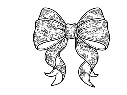 Decorative Christmas bow with floral pattern line art illustration for holiday design.