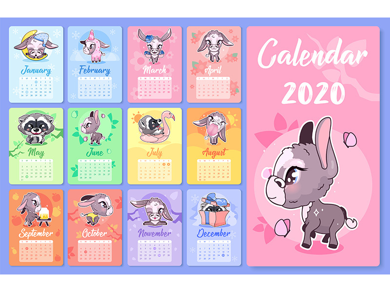 Cute animals 2020 calendar design template with cartoon kawaii characters