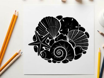 Silhouette of seashells and starfish on a beach