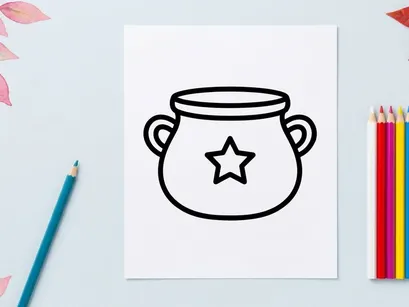 Olla de cocina de Halloween con tapa de estrella para recetas espeluznantes. Ilustración de caldero negro para decoraciones festivas y suministros de fiestas temáticas.