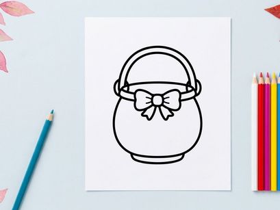 Easter basket line art icon. Simple holiday bucket illustration with a decorative bow.
