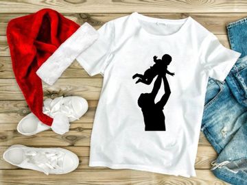 Father throwing baby in air silhouette, joyful parenting, white background preview picture