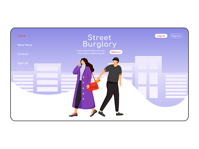 Street burglary landing page flat color vector template