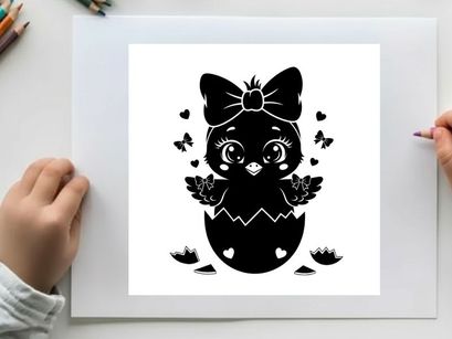 Cute silhouette bunny hatching from egg with bow and hearts