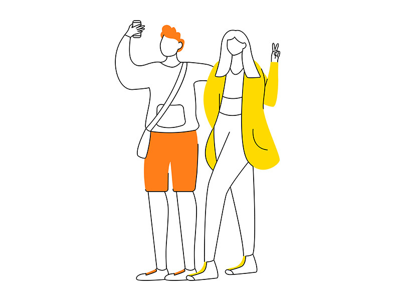 Young couple taking selfie with smartphone flat contour vector illustration