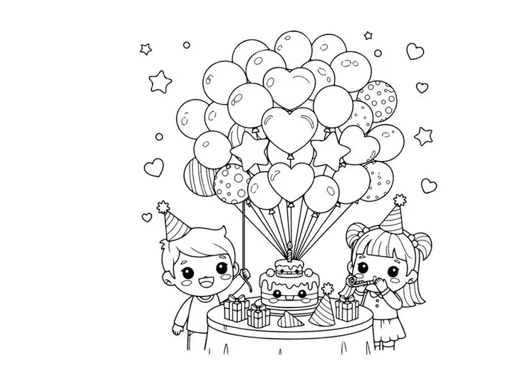 Kids birthday party with balloons and cake vector illustration