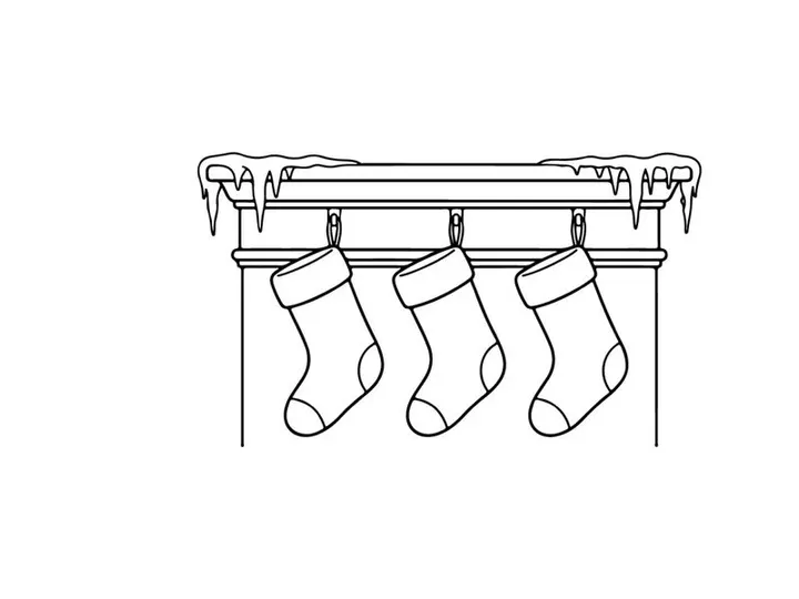 Line art illustration of Christmas stockings hanging on a mantel