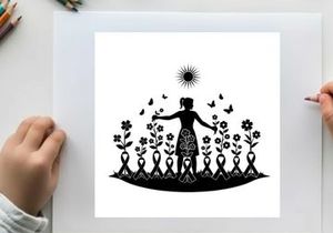 Silhouette of a woman surrounded by flowers and birds in a garden silhouette