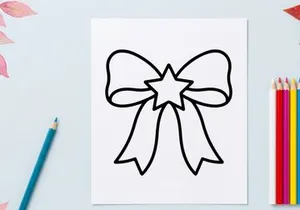 Christmas bow with star icon, simple black line art vector illustration for holiday design