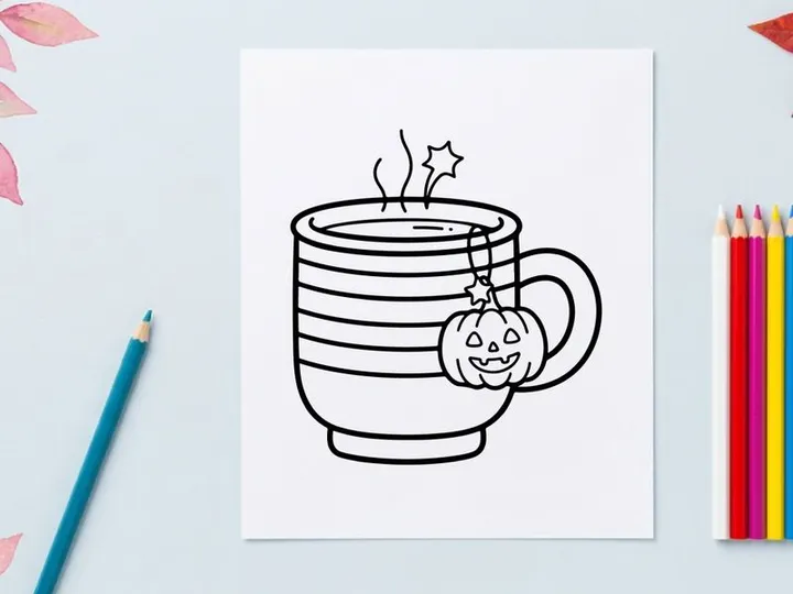 Cute smiling ghost rising from striped coffee mug. Playful Halloween spirit emerging from ceramic cup with steam.