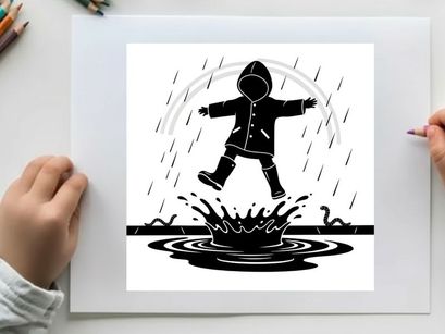 Silhouette of a child jumping in a puddle on a rainy day