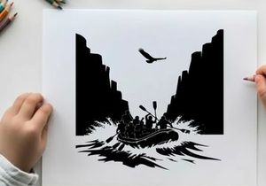 Silhouette of people in a boat with rainbow and bird