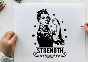 Rosie the riveter silhouette with stars and strength text