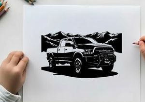 Silhouette of a pickup truck in front of mountains