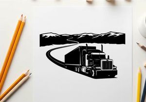 Black silhouette of a semi truck driving on a winding road through mountains