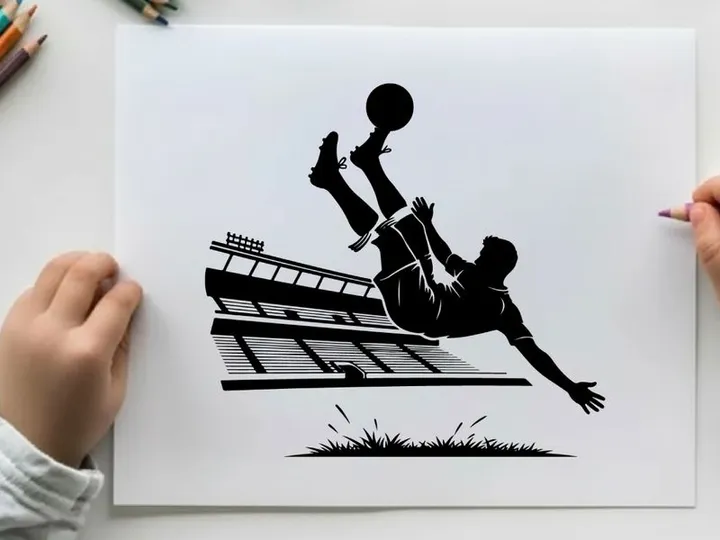 Soccer player silhouette kicking ball in mid air motion