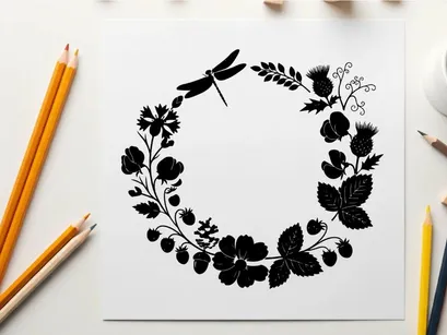 Silhouette floral wreath with dragonfly and leaves silhouette