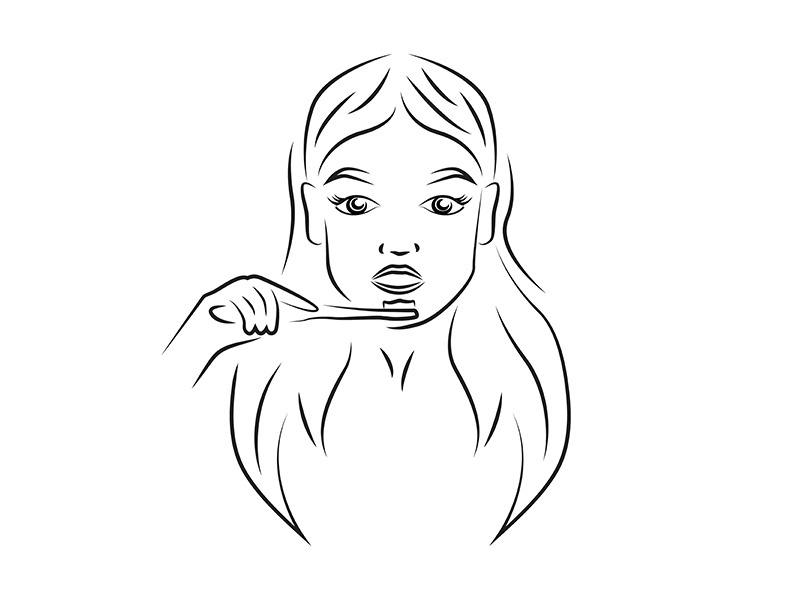 Woman brushing teeth contour portrait vector illustration