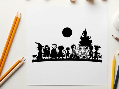 Halloween silhouette scene with spooky characters and haunted house