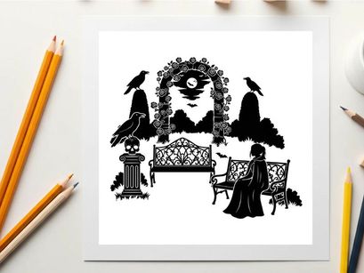 Silhouette of woman sitting on bench with crows and archway
