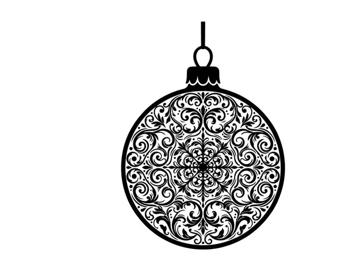 Enfeite de bolinha de Natal preto e branco com design de padrão de filigrana floral intrincado.