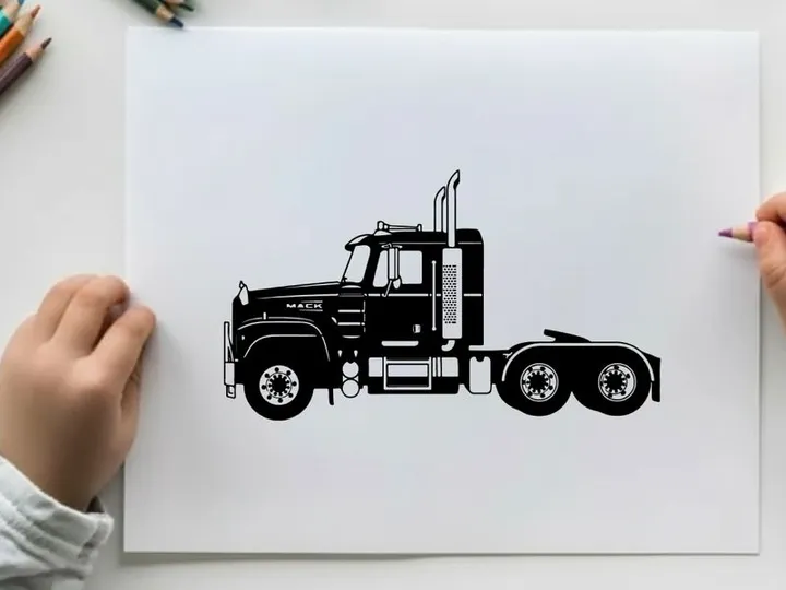 Silhouette of a large black semi truck with two exhaust pipes