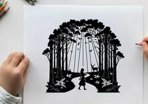 Silhouette of a girl in a forest with deer silhouette
